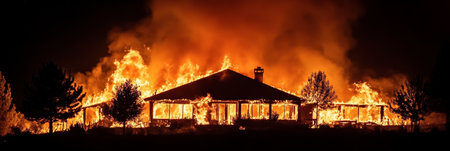 Intense Wildfire Engulfs Residential Home at Night, Creating a Scene of Destruction and Chaosの素材