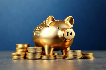 Elegant Golden Piggy Bank Displaying Financial Security with Coins Symbolizing Wealth and Savingsの素材