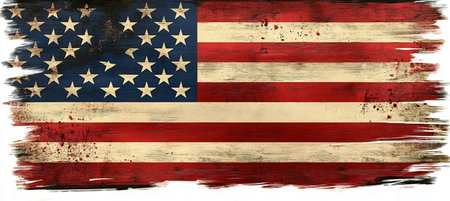Vintage Retro USA Flag Design with Distressed Texture and Brush Stroke Effect for Patriotic Themes.の素材