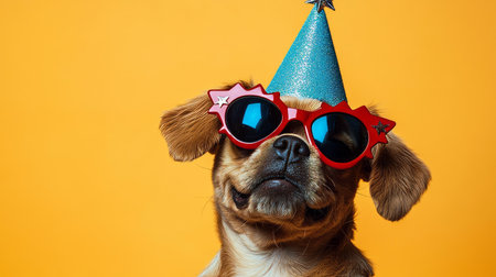 Adorable Puppy in Party Hat and Sunglasses, Smiling in a Bright Yellow Setting for Celebration Funの素材