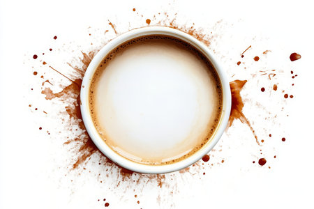 Top Down View of a White Ceramic Coffee Cup with Artistic Spills and Stains on a Minimal Backgroundの素材