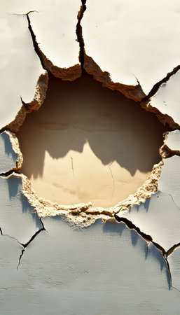 Dramatic Wall Devastation Impact-Induced Cracks and Texture Revealing Depth in Plaster Structureの素材