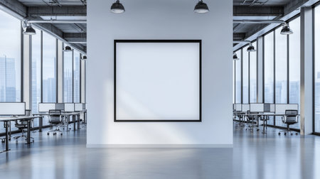 Stylish Minimalist Office Interior with Framed Poster, Ideal for Modern Advertising Presentationsの素材