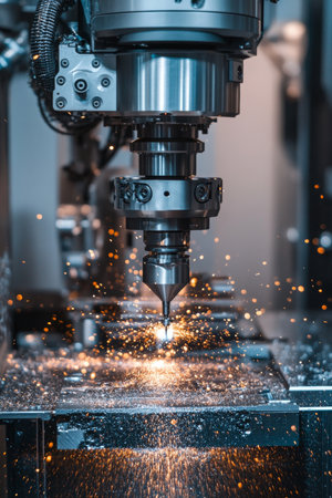High-Precision Metal Cutting Technology at Work with Sparks Flying around CNC Machine Toolの素材