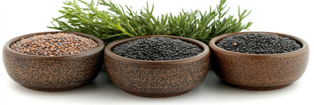 Colorful Lentils and Fresh Culinary Herbs in Rustic Bowls, Emphasizing Healthy Organic Eatingの素材