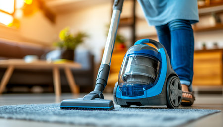 A person in casual denim vacuuming rugs in a cozy apartment, ensuring a clean and inviting space.の素材