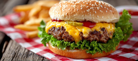 Mouthwatering Juicy Cheeseburger with Fresh Vegetables and Tasty Condiments on a Rustic Wooden Tableの素材