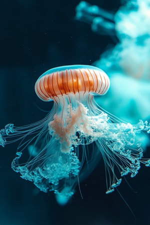 Aurelia Jellyfish Floating Gracefully in the Deep Ocean with Bioluminescent Glow and Tentaclesの素材