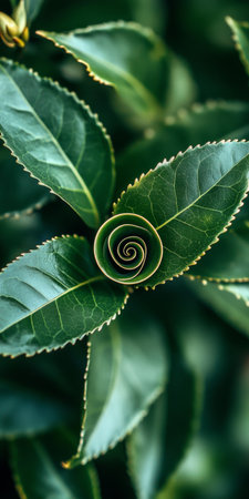 Stunning Close-Up of a Young Tea Plant with Unfurling Leaves and Vibrant Green Foliage in Natureの素材