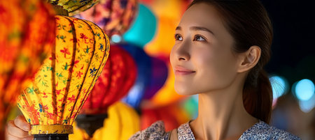 Asian woman joyfully admires colorful lanterns during the enchanting mid-autumn festival night.の素材