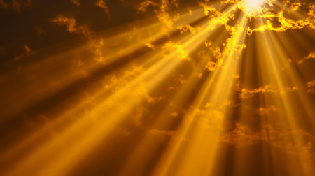 Dramatic Heavenly Rays of Sunlight Breaking Through Gloomy Clouds, Creating a Warm Golden Atmosphereの素材