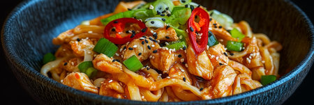 Asian-Inspired Noodle Bowl with Chicken, Scallions, Chili, and Black Sesame for Food Loversの素材