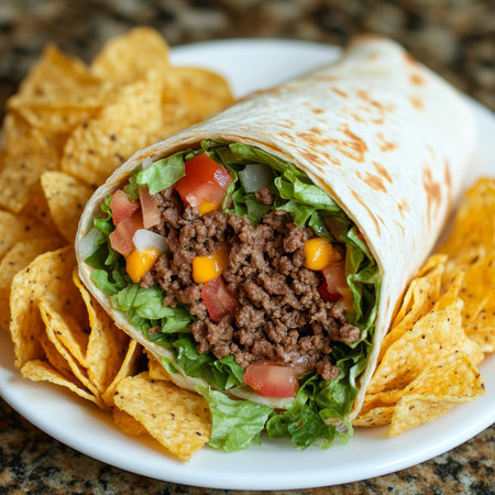 Savory Beef Wrap with Fresh Ingredients, Colorful Snack Crumbs, Perfect for Lunch or Dinner Delightの素材