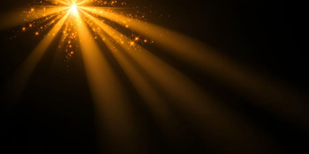 Golden Sunbeams Radiating onto Darkness in an Abstract Background with Glowing Beams and Sparklesの素材