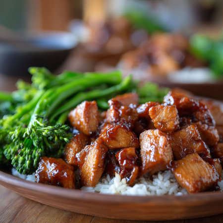Savory Asian Cuisine with Honey Glazed Chicken, Steamed Rice, and Fresh Broccoli for a Healthy Mealの素材