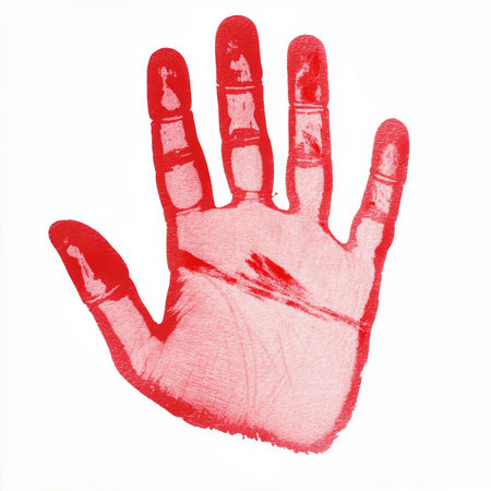 Dramatic Red Hand Print on White Background Symbol of Fear, Alertness, Health, and Safety Awarenessの素材