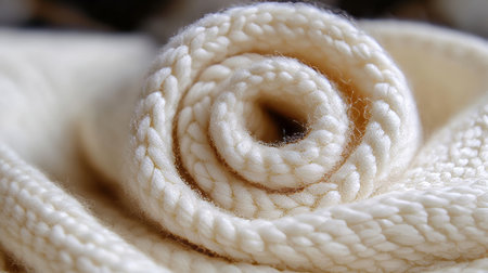 Cozy White Wool Spiral Displaying Softness and Serenity, Emphasizing Textile Texture and Purity.の素材