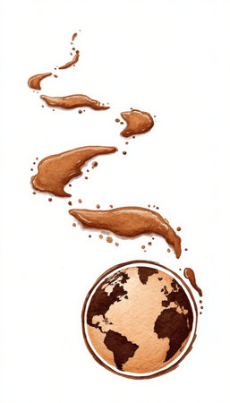 Coffee Stains Creating a Coffee Cup in the Shape of Earth, Symbolizing Global Coffee Addictionの素材