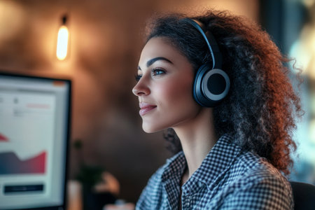 Focused student wearing headphones diligently completing job assignments at home to learn new skillsの素材