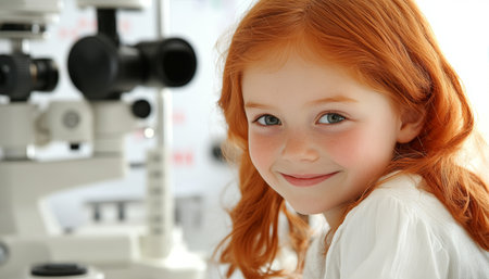 Friendly Doctor Performing Comprehensive Eye Exam on Adorable Little Girl in Bright Clinic Settingの素材