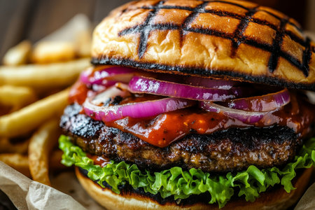 Juicy burger with caramelized onions and sauce on a sesame seed bun, served with crispy fries.の素材