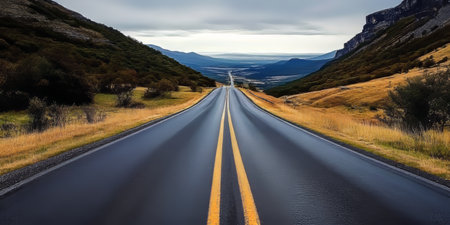Breathtaking View of a Country Road Winding Through Majestic Hills Under a Dramatic Cloudy Skyの素材