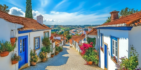 Charming Cobblestone Street in bidos, Portugal, with a Quaint White and Blue House and Flowersの素材