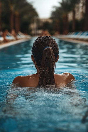 Relaxing Woman Taking a Refreshing Swim in a Luxury Pool Surrounded by Palm Trees and Sunbedsの素材