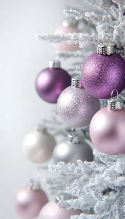 Stylish Christmas Tree with Purple Baubles and Shiny Ornaments for a Festive Indoor Celebrationの素材