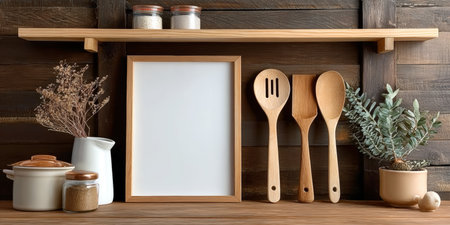 Charming Rustic Kitchen Still Life with Wooden Shelf, Jars, Utensils, and Decorative Elementsの素材