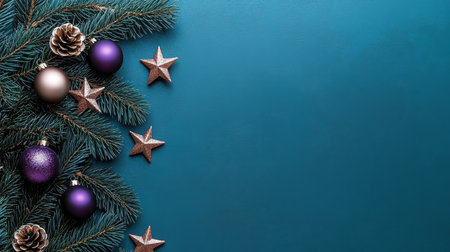Elegant Christmas Arrangement with Turquoise Background and Violet-Ornamented Branchesの素材