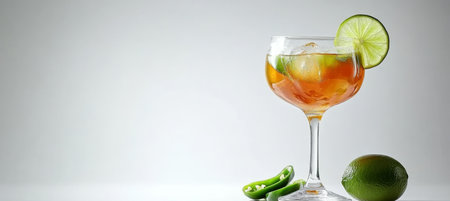 Spicy Jalapeo Margarita Cocktail with Ice, Jalapeos, and Lime Slice on a Clean White Backgroundの素材