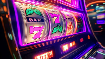 Bright Slot Machine with Spinning Reels and Classic Symbols for an Exciting Casino Gameの素材