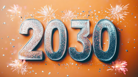 Vibrant Fireworks Display Over City Skyline Celebrating New Year 2030 with Sparkling Silver Accentsの素材