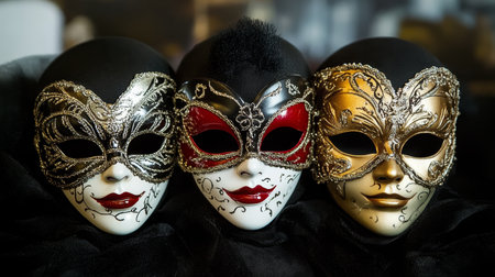 Elaborately Designed Festive Masks Showcasing Traditional Artistry for Celebrations and Performancesの素材