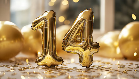 Stylish Fourteenth Birthday Card Design with Foil Number Fourteen, Balloons, and Colorful Confettiの素材