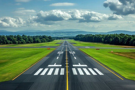 Aerial view of an airport runway with approach markings and flight operations safety features.の素材