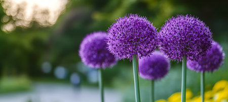 Vibrant Allium Flowers in Bloom Stunning Purple Petals and Tall Stalks in a Summer Garden Settingの素材