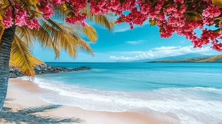 Tropical Paradise Serene Sandy Shore with Turquoise Waters and Lush Green Palm Trees Under Sunshineの素材