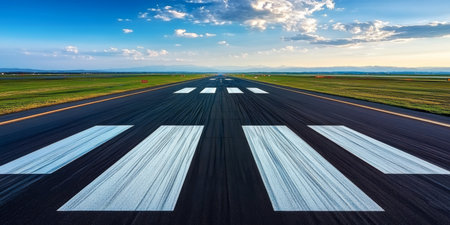 Aerial View of a Busy Airport Runway Surrounded by Green Fields and Dramatic Cloudy Skies Aboveの素材