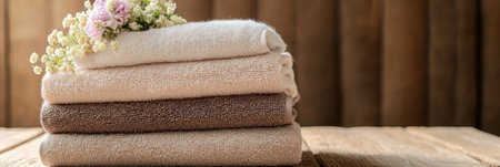 Elegant Spa Display Featuring a Neatly Stacked Set of Brown and Beige Towels with Floral Accentの素材