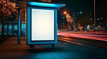 Stunning Digital Billboard Mockup at Urban Bus Stop at Night with Neon Lights and Blurred Trafficの素材