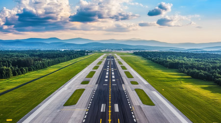 Aerial View of Airport Runway Markings and Infrastructure Surrounded by Lush Green Nature Sceneryの素材