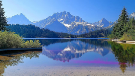 Stunning mountain peaks reflected in a tranquil lake, highlighting untouched natural beauty.の素材