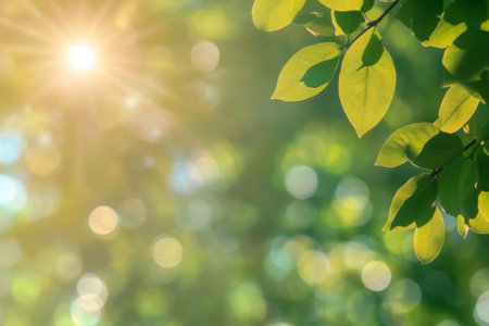 Sunlight Glistens Through Lush Green Leaves, Creating a Stunning Natural Bokeh Background Imageの素材