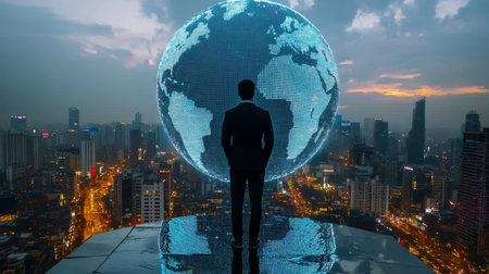 Business Leader Envisions Global Network from Skyscraper with City Skyline in the Backgroundの素材