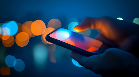 Person Using Glowing Mobile Phone Late at Night Surrounded by Bokeh Lights in Dark Room Relaxingの素材