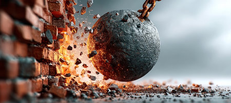 A Powerful Wrecking Ball Swinging with Impact, Shattering a Brick Wall Symbolizing Destructionの素材