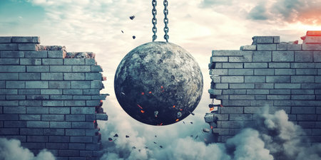 Powerful Wrecking Ball Destroys Brick Wall, Overcoming Obstacles and Ruins with Forceful Impactの素材