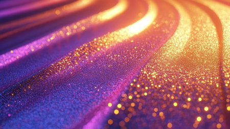 Abstract 3D Render with Curved Lines of Light in Purple, Blue, and Gold, Creating Depth.の素材